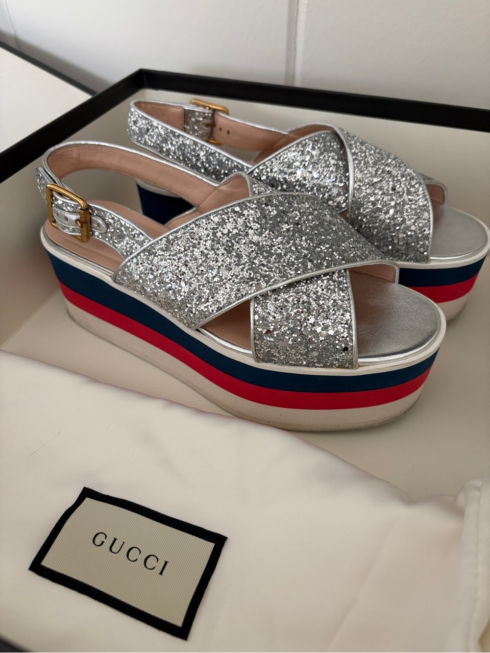 Gucci Silver Glitter Peggy Platform Sandal with Blue and Red Stripes